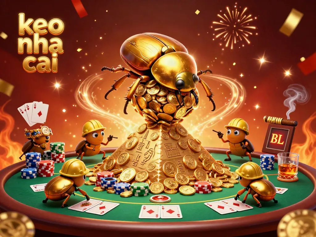 Engage with keo nha cai through ultra-detailed 3D illustration showcasing golden beetles amidst vibrant casino elements.