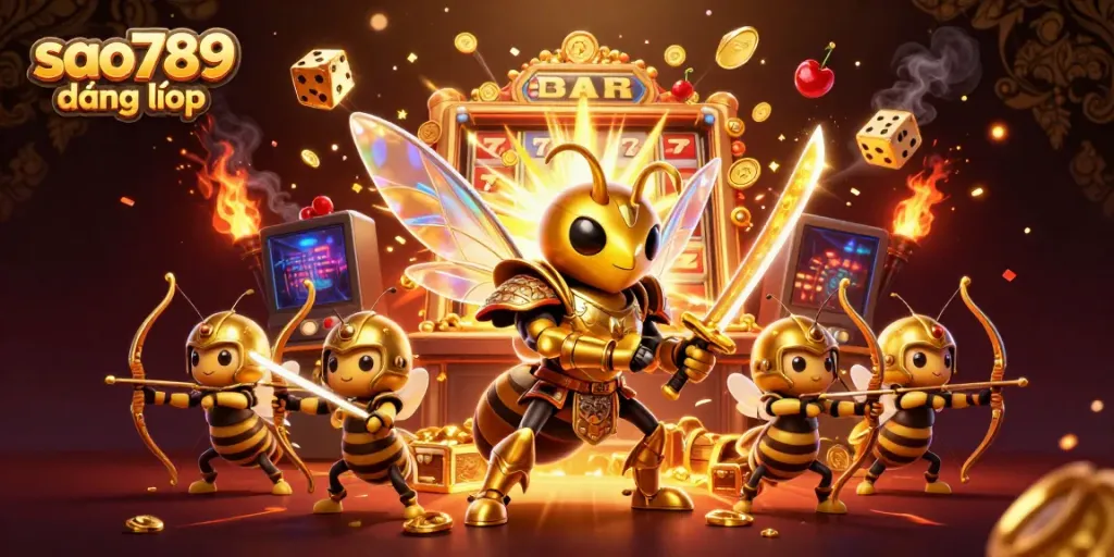Sao789 đăng nhập with a Samurai Hornet and bee archers amid a jackpot slot explosion, capturing dynamic casino excitement.