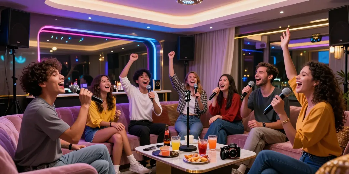 강남가라오케에서 친구들과 즐겁게 노래 부르는 모습, 화려한 조명과 고급스러운 인테리어가 돋보이는 공간