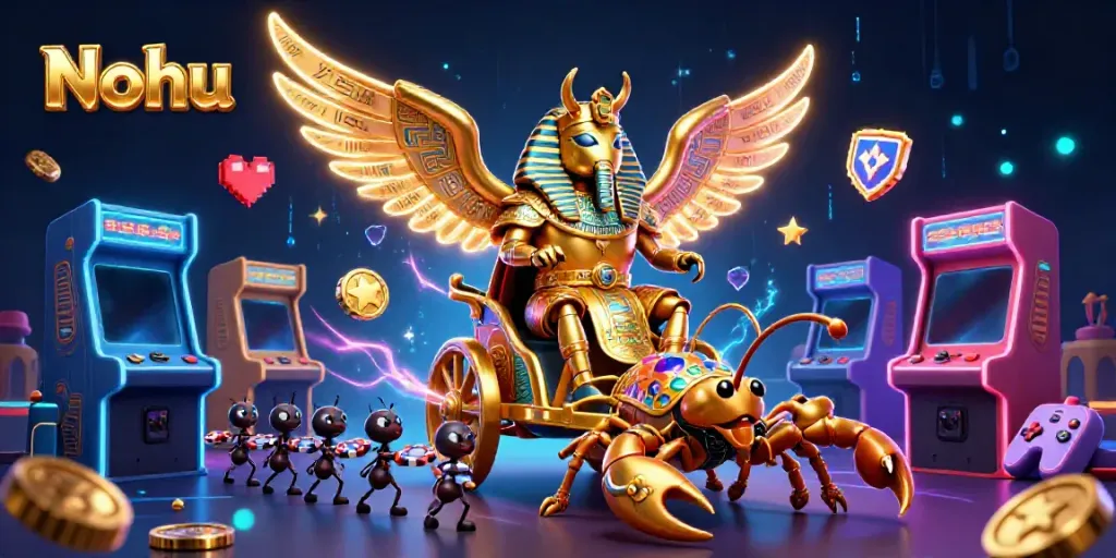 Nohu gaming scene featuring a golden beetle, scorpions, and poker chips in a vibrant casino environment.