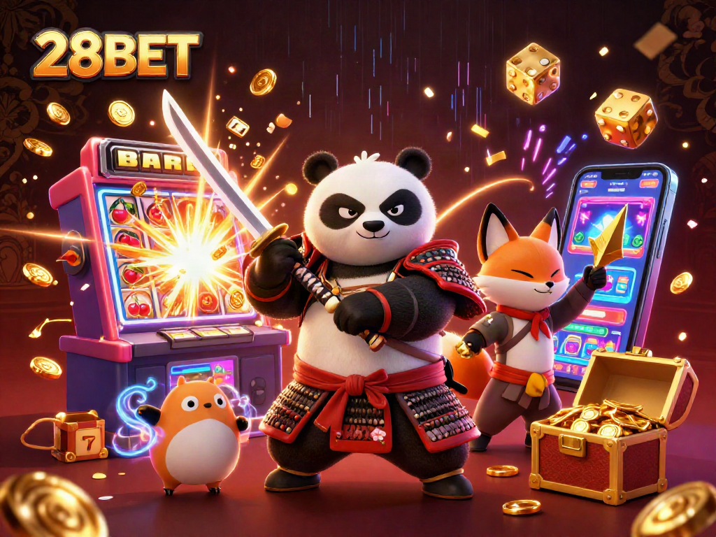 Engage with the thrilling world of 28BET's vivid slot gaming experience featuring dynamic characters and rich casino elements.