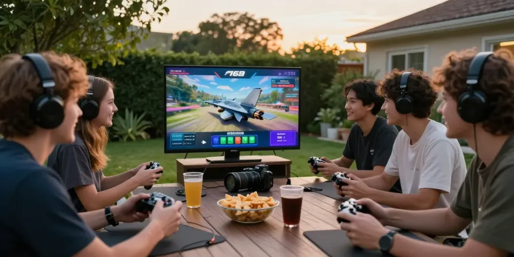 Nhóm bạn chơi game tại f168, không khí vui vẻ với ánh sáng vàng giờ vàng.