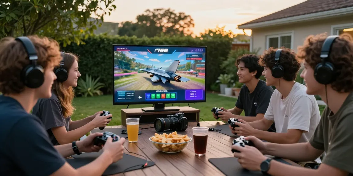Nhóm bạn chơi game tại f168, không khí vui vẻ với ánh sáng vàng giờ vàng.