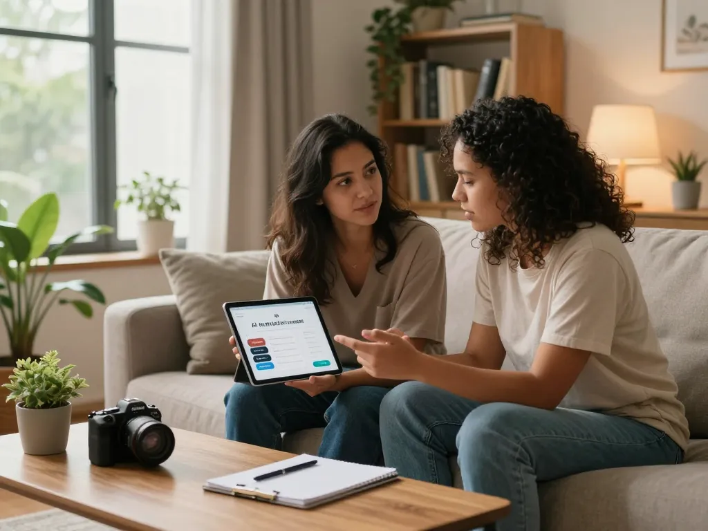 Couple using relationship app focused on ai sex, cozy home office with natural light.