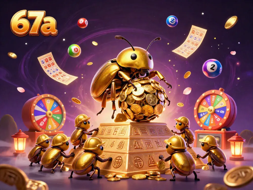 Experience exciting moments with 67a: The golden beetle pushes a coin ball in a vibrant casino scene.