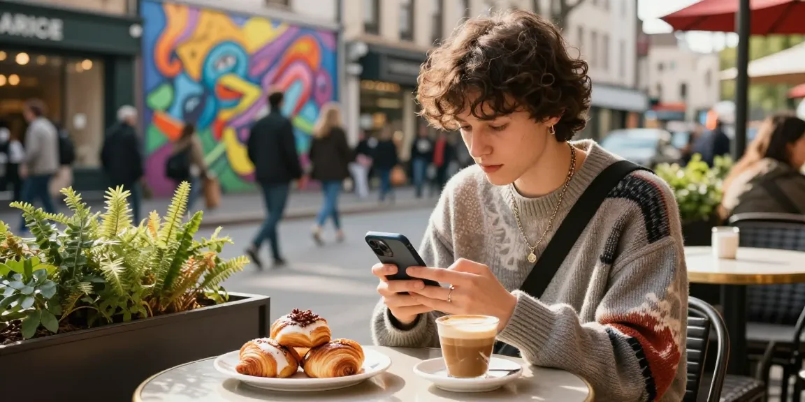 フォロワー 購入 安いを意識した都市のカフェでスマホを使う若者のシーン