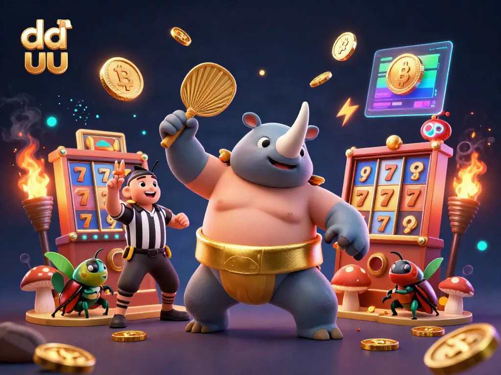 Experience excitement at dd uu casino with a powerful rhinoceros beetle champion amidst flying coins and vibrant slot games.