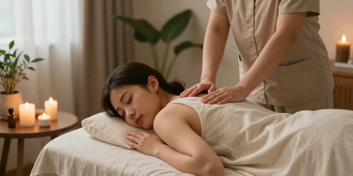 양주출장안마 서비스로 편안한 마사지 받는 모습, 아늑한 실내에서 조명과 식물로 편안한 분위기 연출