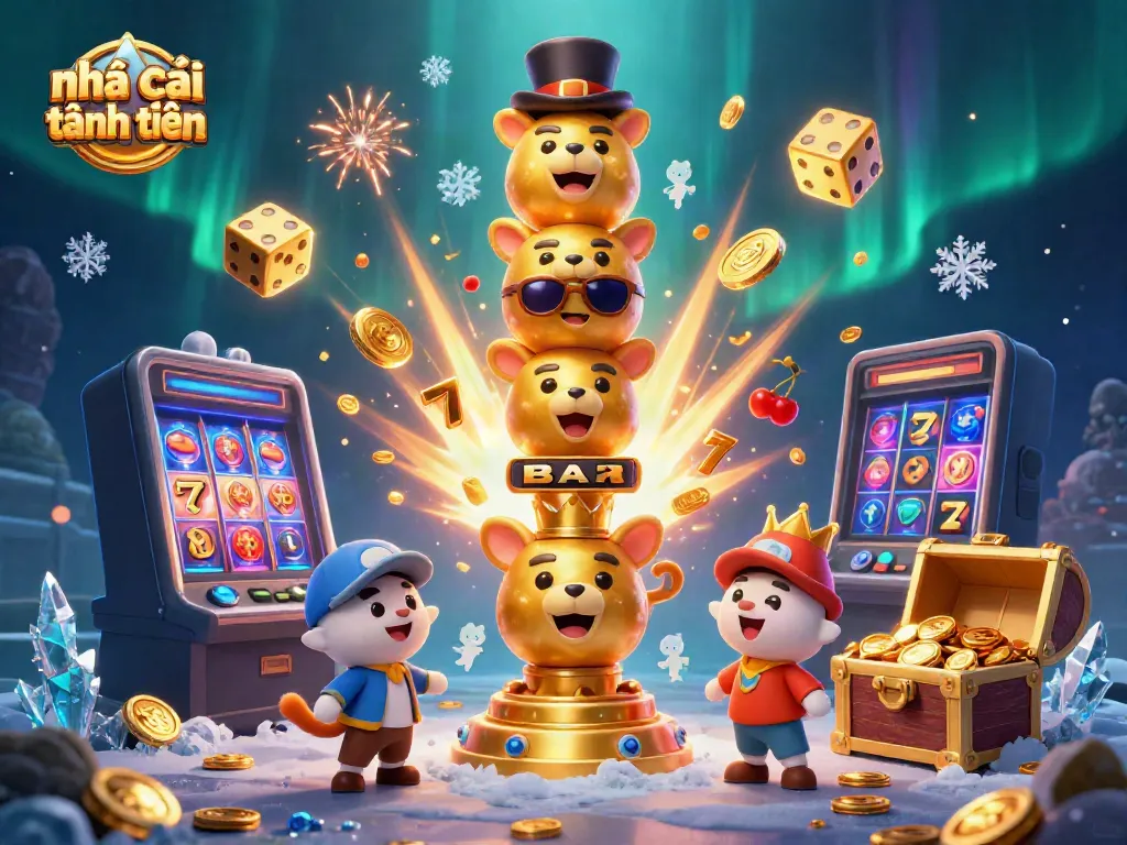 Engage in thrilling casino fun with nhà cái tặng tiền, featuring vibrant scenes of a totem pole and slots.