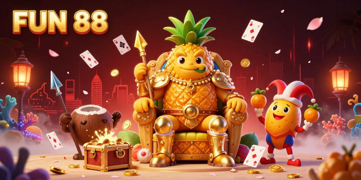 Experience the vibrant FUN 88 beach casino scene with a golden pineapple king, playful elements, and rich details.