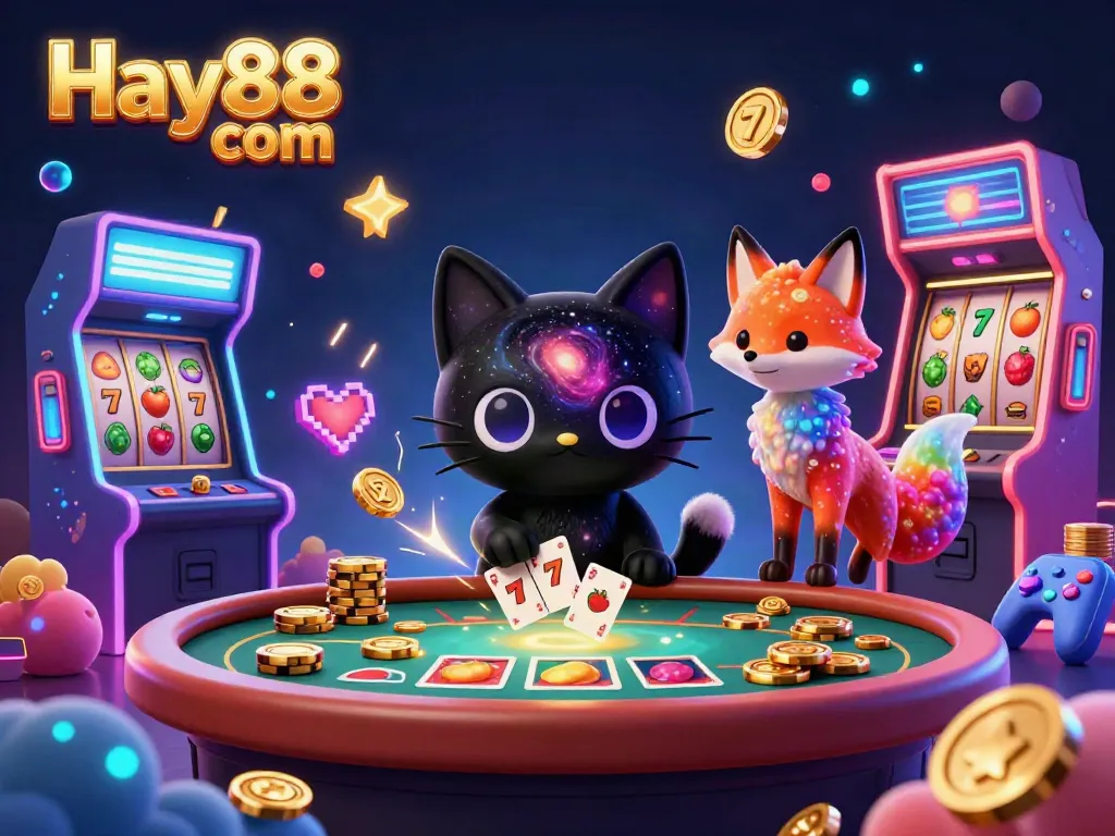 Experience the cosmic gaming charm of Hay88 com with a whimsical black hole cat among vibrant slot reels.
