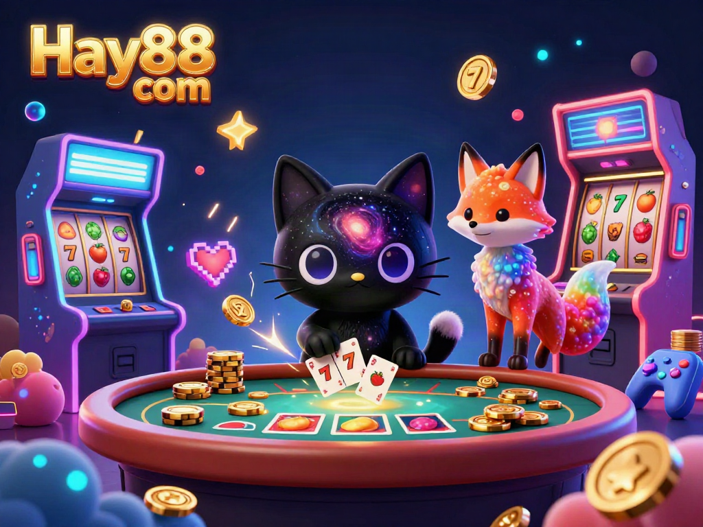 Experience the cosmic gaming charm of Hay88 com with a whimsical black hole cat among vibrant slot reels.