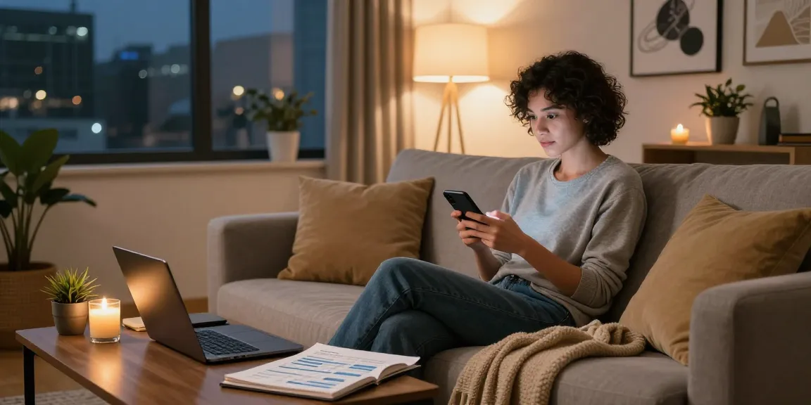 Cozy evening in a stylish apartment featuring a person engaging with personal finance planning while using 강남토닥이 services.