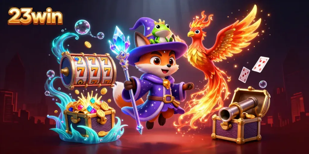 Engage in thrilling gaming adventures with 23win's vibrant casino universe featuring magical characters.