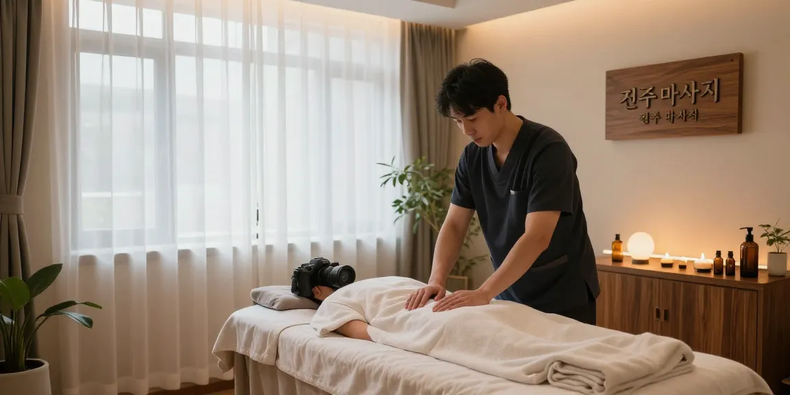 전주마사지 서비스 준비 중인 남성 마사지사와 아늑한 스파 공간
