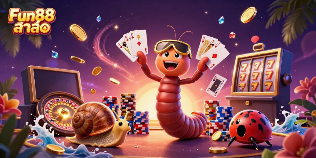 Experience the excitement of Fun88 ล่าสุด with a dynamic scene of fantasy characters in a casino setting.