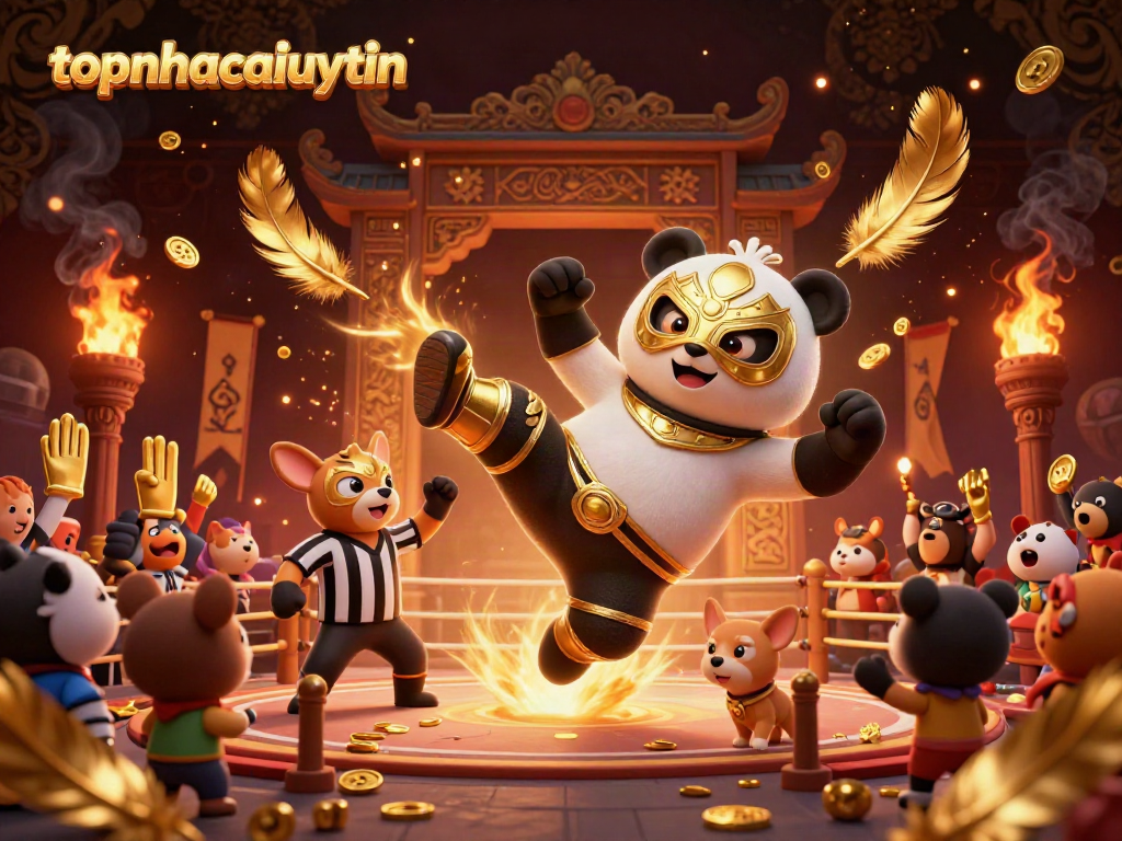 Experience the excitement of topnhacaiuytin with a wrestling panda kick, golden tokens, and animal fans cheering.