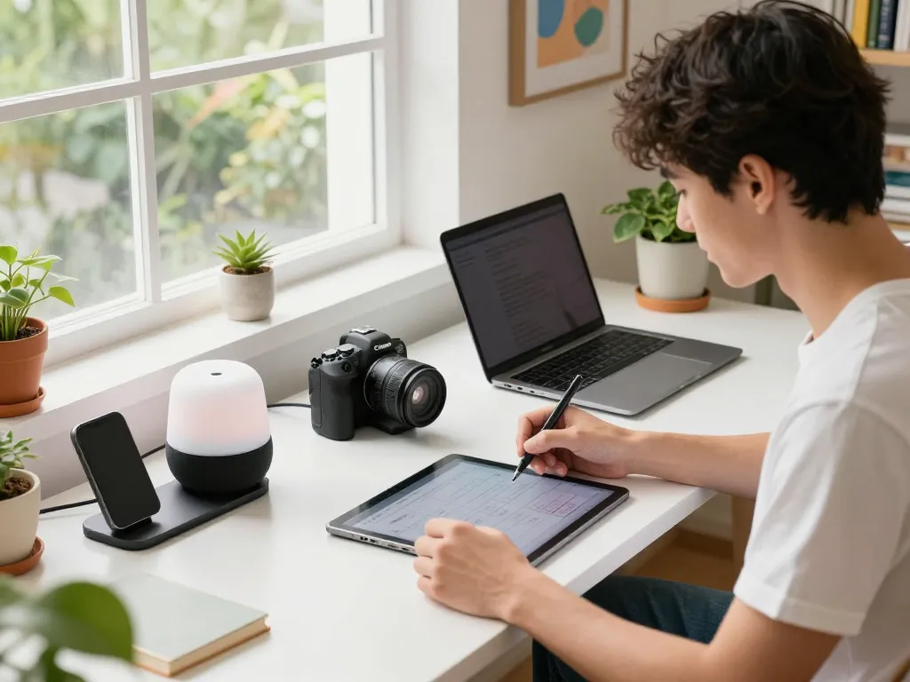 Person in a modern home office assembling tech gadgets for home, surrounded by stylish devices, natural light.