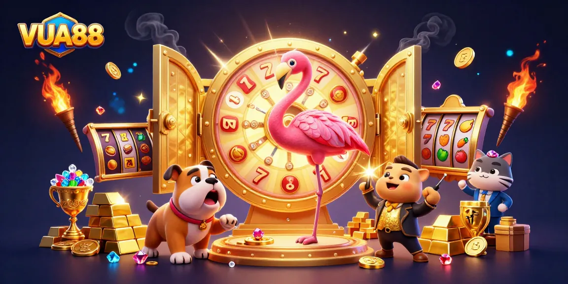 Spin to win with VUA88 as the flamingo host and bulldog contestant celebrate wealth!