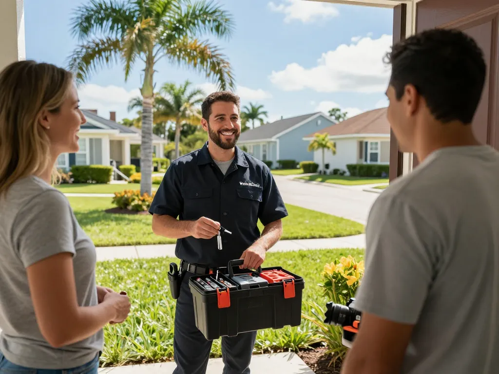 Mobile locksmith Vero Beach assisting a homeowner at their residence with tools, creating a welcoming service experience.