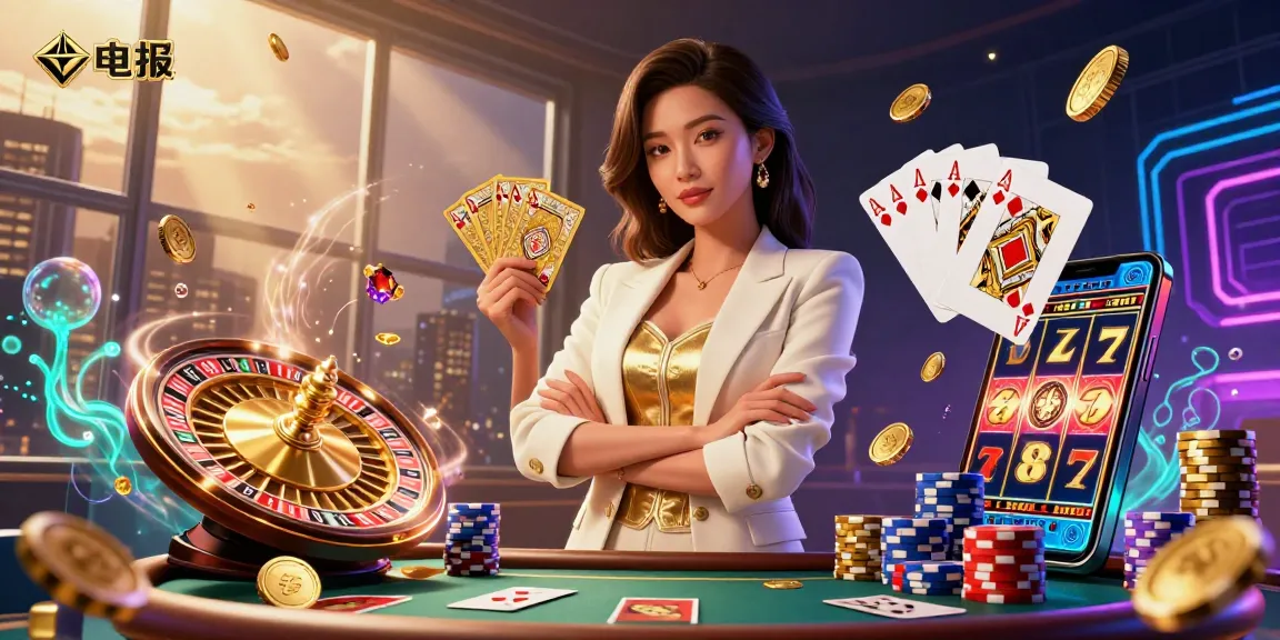 在生动的赌场场景中与电报互动,展示一位优雅的女性手持金色扑克牌,周围环绕着动态的博彩元素。