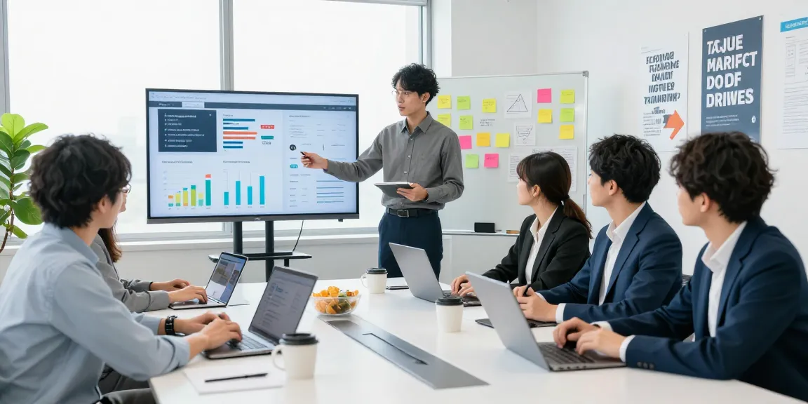 SNS運用代行のおすすめのために、デジタルマーケティングのプロが戦略セッションを行っているオフィスの様子
