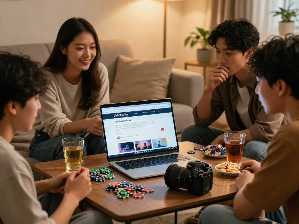 먹튀폴리스 웹사이트를 확인하며 안전한 베팅에 대해 이야기하는 친구들 모임