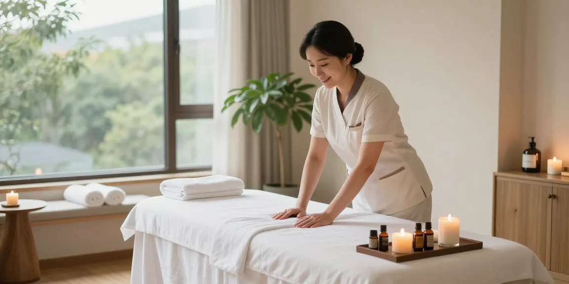 인천출장마사지 session in a luxurious home spa setting with professional therapist preparing the space.