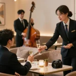 강남블랜딩쩜오에서 고급스러운 분위기 속 고객과 매니저의 상호작용 장면