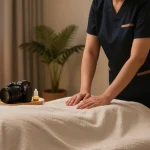 Experience premium 서울출장마사지 in a serene home setting, featuring a professional therapist prepare for a relaxing session.