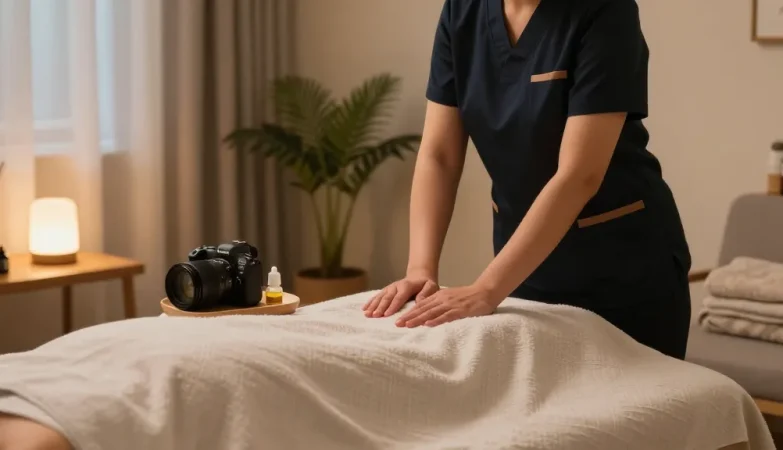Experience premium 서울출장마사지 in a serene home setting, featuring a professional therapist prepare for a relaxing session.