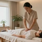 스웨디시 마사지 중인 고객과 테라피스트, 아늑한 스파 환경