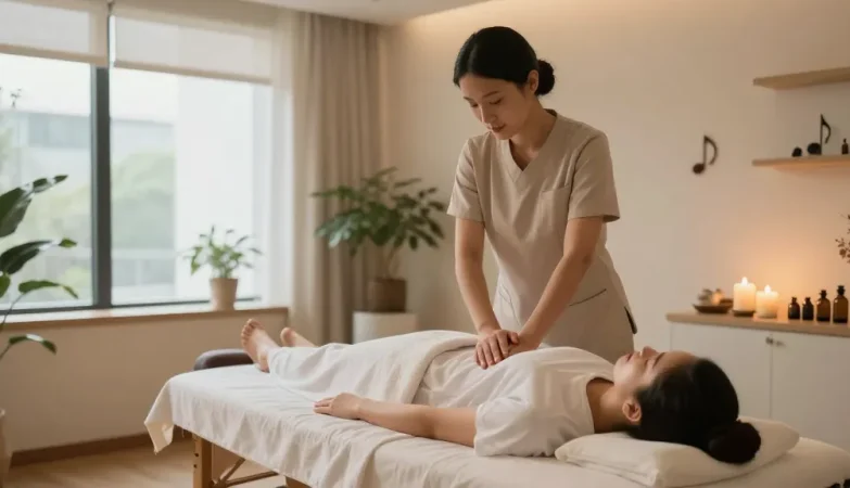 스웨디시 마사지 중인 고객과 테라피스트, 아늑한 스파 환경