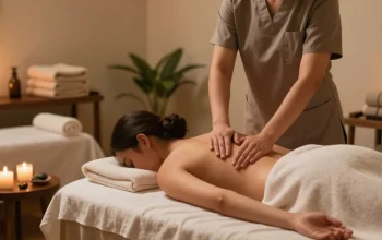마사지 중인 고객과 편안한 스파 환경을 배경으로 한 모습