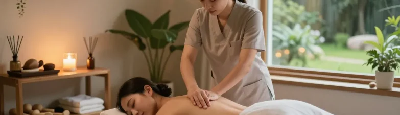 스웨디시 마사지를 받는 고객과 치료사가 있는 편안한 스파 장면