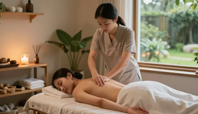 스웨디시 마사지를 받는 고객과 치료사가 있는 편안한 스파 장면