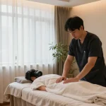 전주마사지 서비스 준비 중인 남성 마사지사와 아늑한 스파 공간